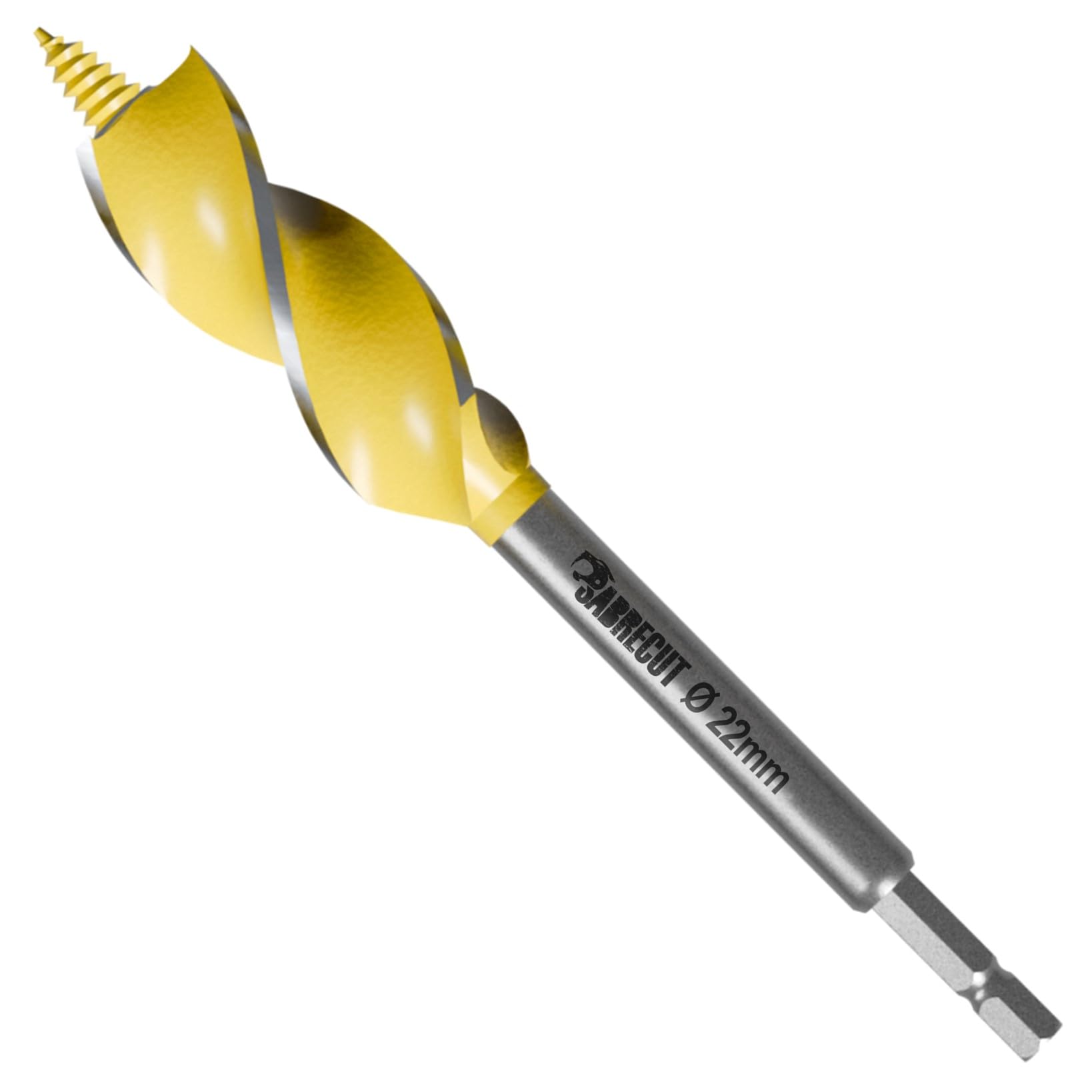 1 x SabreCut SCAG022 22mm x 165mm Wood Auger Quad Flute Self Feed Tip Grooved Hex Shank Drill Bit for High Speed Drilling in Wood and MDF