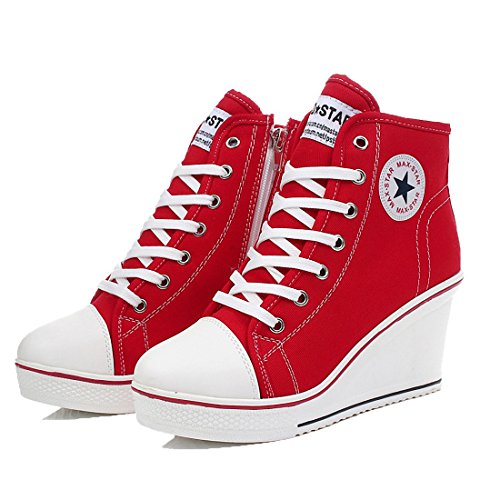 mewow Womens Girl's Casual Plus Size High Top Wedge Heel Canvas Shoes Fashion Sneaker (7, Red)