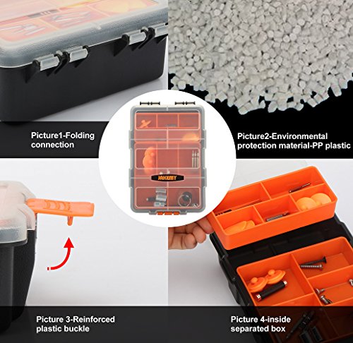 TOOLTOO Heavy-duty Tool Storage Box Organizer Detachable 10 Slots Plastic Tool Storage Box Two-layer Components Storage Box, Black and Orange