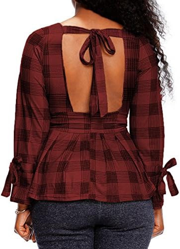HaiCoo Open Back Buffalo Plaid Blouse High Waist Fall Long Sleeve Check Shirt
