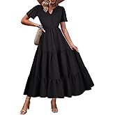 TIYOMI Plus Size Dress for Curvy Women Summer Casual Audrey Hepburn Black Long Dresses Short Sleeve V Neck Pleated Flowy Maxi Dress 2XL 18W 20W