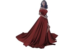 HOMDOR Off Shoulder Satin Prom Dresses Ball Gown Plus Size Formal Dresses for Women Wedding Dress with Slit