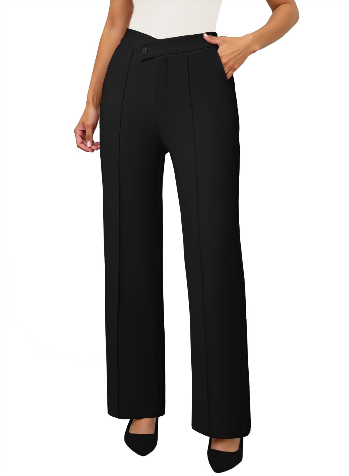 Photo 1 of Pink Queen Black Dress Pants Women High Waisted Crossover Elastic Waist Wide Leg Work Pants for Women Straight Leg Flat Front Long Trousers Business Casual Office Slacks for Work Black S