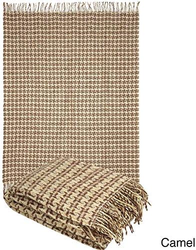 Pure Wool Throw Blanket with fringe 55x79 (Twin) in houndstooth design, Medium Weight, By Yaroslav Mill (Camel)