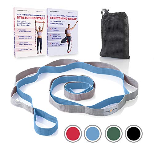 sport2people Extra Durable Stretching Strap for Yoga and Rehabilitation with 2 Free Ebooks – Multi – Loop Rehab Stretch Band to Improve Your Flexibility (Blue-Gray)
