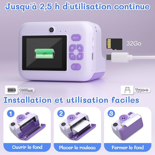 Instant Camera Child Gift Toy Girl Boy 3-12 Years, AWANFI Digital Video Camera 1080P 32GB Card with 3 Rolls of Paper and Bluetooth APP Printing