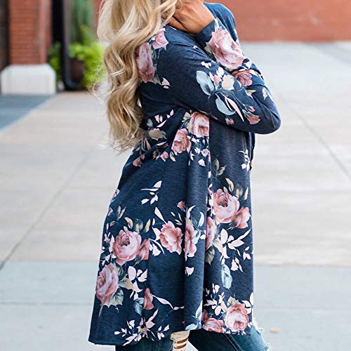 Hanican Women Ladies Long Sleeve Coat Floral Jacket Open Front Kimono Outerwear Elegant Cardigan (Blue, L)