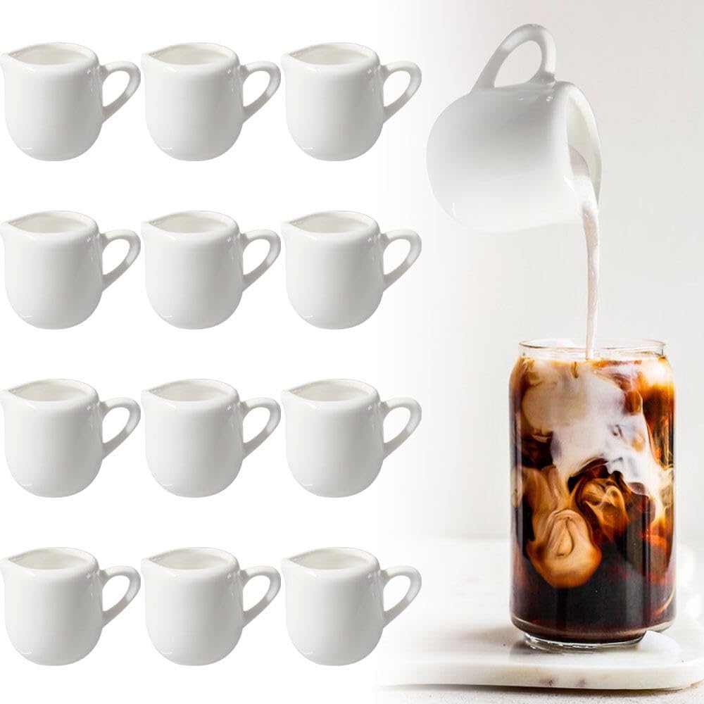 XPJBKC 12 PCS Small Milk Jug, 110 ml White Ceramic Milk Jugs, Gravy jug, Milk Frothing j UG with Handle, Sauce Pots, Sugar Pot, Mini Creamer Pitcher, Syrup Server for M Ilk Coffee Sauces