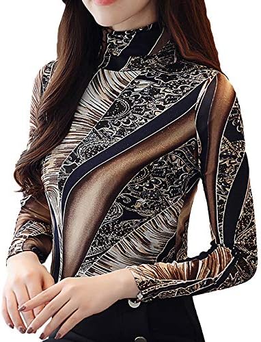 SansoiSan Women's Fashion Long Sleeve Slim Vintage Turtleneck Print T-Shirts Blouse Tops Plus Size
