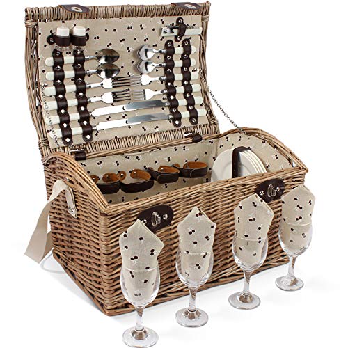 HappyPicnic Willow Picnic Basket Set for 4 Persons, Natural Wicker