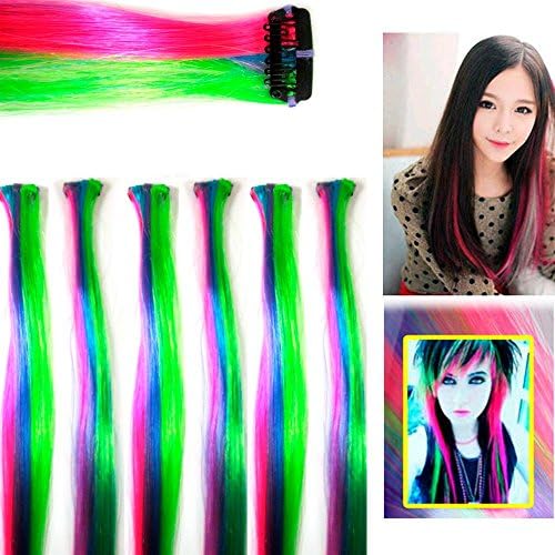 6 Pc Hair Extension Clip In Comb 18” Rainbow Neon Highlight Colors Costume Party
