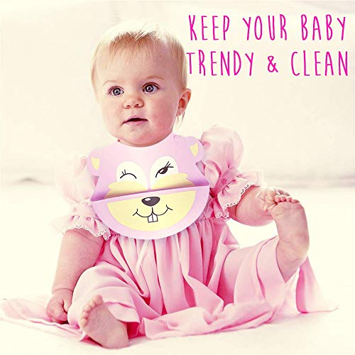 Waterproof Silicone Bib Easily Wipes Clean Feeding Baby Bibs for Babies and Toddlers by MMBABY (Animal Yellow/Pink)