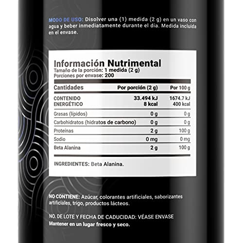 Beta Alanina en polvo 200 Servicios. Ingredientes naturales. Beta Alanine 400 Gramos B Life.