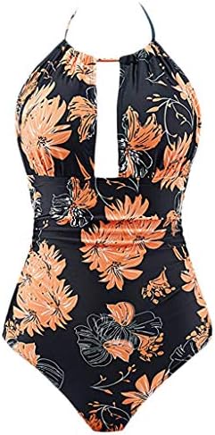 Women Monokini Swimsuit, Leadmall One Piece Swimwear For Woman Slimming Tummy Control Swimwear V Neckline Halter Plus Size Bathing Suits (S, Orange)