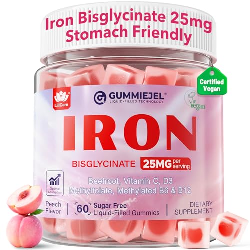 Iron Gummies for Women 25mg Plus Vitamin C, Beet Root, Vitamin B12, Folate for Iron Deficiency, Anemia, Energy Boost, Sugar Free Iron Supplement, Non-Constipating, No After Taste, 60 Cts