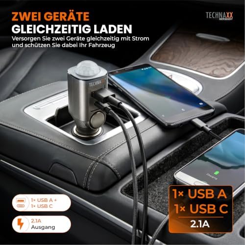 Autoalarm mit PIR Bewegungsmelder – 12–24V Plug-in Alarm mit 110dB Sirene, 6-Tage Akku, USB-A & USB-C Ladeports, LED-Anzeige & Fernbedienung - 2026 Update Modell - TX-100
