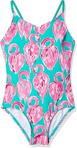 Kanu Surf Girls' Daisy Beach Sport 1-Piece Swimsuit, Hallie Green Flamingo, 2T