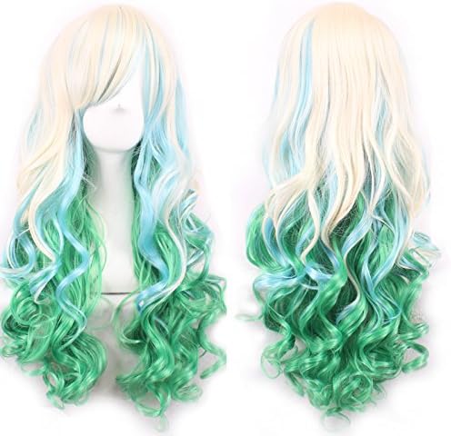 Ellena®Womens/Ladies 80cm Pink&amp;Green Color Long CURLY Cosplay/Costume/Anime/Party/Bangs Full Sexy Wig (80cm,Curly Pink&amp;Green)