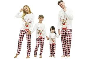 Linnhoy Christmas Pajamas Family Set,Matching Christmas Family Pajamas,Xmas PJ's White Elk Red Plaid Family Christmas Pajamas