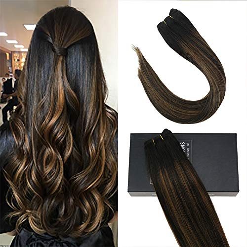 Sunny 20inch Seamless Weft Sew in Hair Extensions Human Hair Black Balayage Medium Brown to Natural Black #1B/6/1B Brazilian Hair Bundles Straight 100% Remy Human Hair 100g/pack (Best Straight Hair For Sew In)