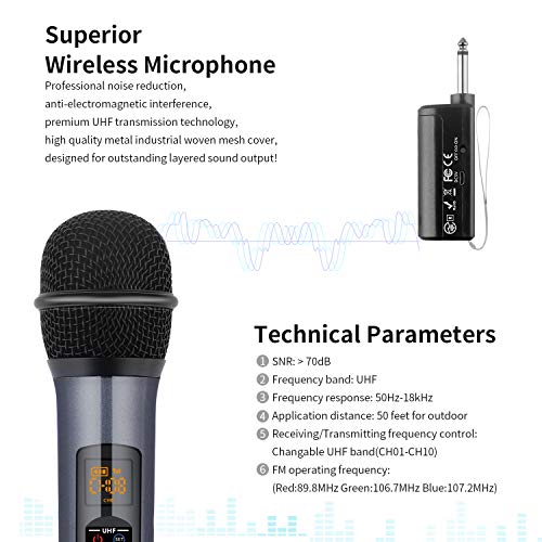 Wireless Microphone Karaoke System - Kithouse Handheld Microphone Wireless Professional Singing Mic Transmitter & Receiver Set - Vocal Dynamic Stage Microphone - Also For Bus/Car FM Audio, K380F
