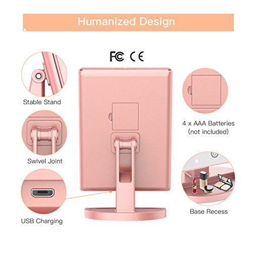 BESTOPE Makeup Vanity Mirror with 3x/2x Magnification,Trifold Mirror with 21 Led Lights,Touch Screen, 180° Adjustable Rotation,Dual Power Supply, Countertop Cosmetic Mirror (Pink Gold)