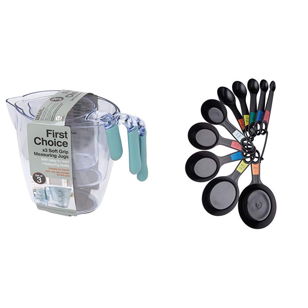 FIRST CHOICE 3pc Measuring Jug Set, 15 x 8 x 11 cm & KitchenCraft Plastic Measuring Cups and Spoons (Set of 10)