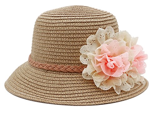 Summer Baby Girl Half a Flanging Straw Hat Beach Sun Cap with Two Flowers,Coffee