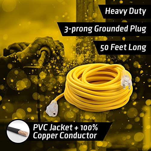 ClearMax 50 Feet Outdoor Extension Cord 3 Prong Grounded Cable Heavy Duty Weatherproof Vinyl Jacket, 16AWG 10 Amps, 1250 Watts, 125 Volts AC Power Cable Cords