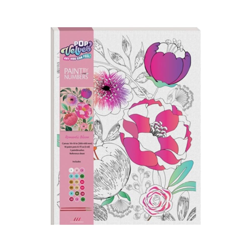 Hinkler | Pop Velvet Paint by Numbers Canvas – Romantic Bloom Design | Canvas with Velvet Details | Complete Paint by Numbers Craft Kit with Paints & Brushes