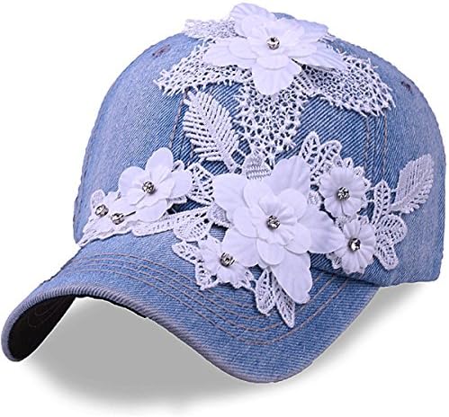 CRUOXIBB Women's Rhinestone Baseball Cap with Flower (Light Blue)