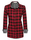 Meaneor Women's Polka Dot Lined Roll Up Sleeve Button Down Plaid Shirt