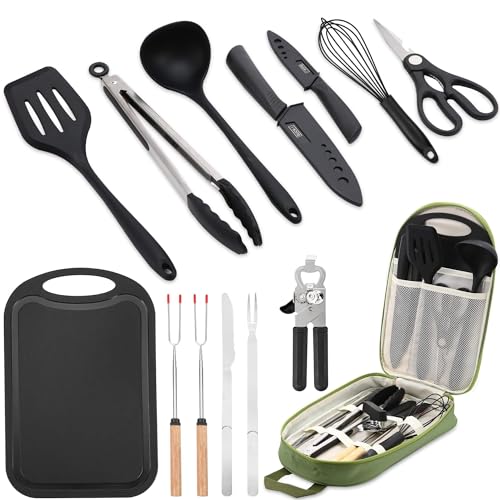 Camping Cooking Cookware Kitchen Set - Camp Accessories Cook Utensils Kit, Camping Essentials BBQ Silicone Mess Kit for Backpacking Gear, Camping Must Haves Equipment