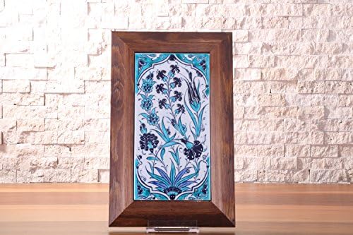 Handmade Handpainted Turkish Ottoman Design Wall Art Ceramic Tile With Natural Wood Frame