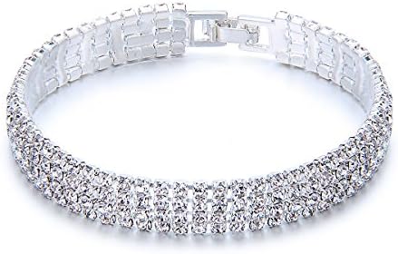 YUXI Rhinestone Stretch Bracelet Silver Tone Bangle Austrian Crystal Bracelets for Women Wedding, Prom, Party or Pageant (4 Rows)