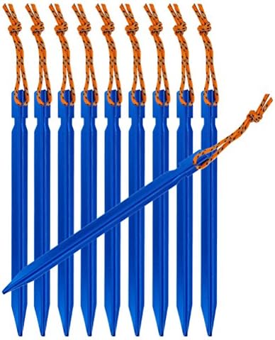 Tripmas Ultralight Aluminum Tent Stakes Rhombic Tent Pegs with Pull Cords & Pouch, Blue (Pack of 10)