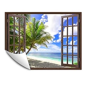 Wall Murals for Bedroom Fake Window Beach Brown Window Removable Wallpaper Peel and Stick Wall Stickers - 24x32 inches