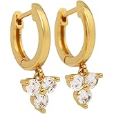 14k Gold Plated S925 Sterling Silver Post Huggie Earrings With Trio Stone Dangle/Drop | Trendy Elegent Earrings for Women