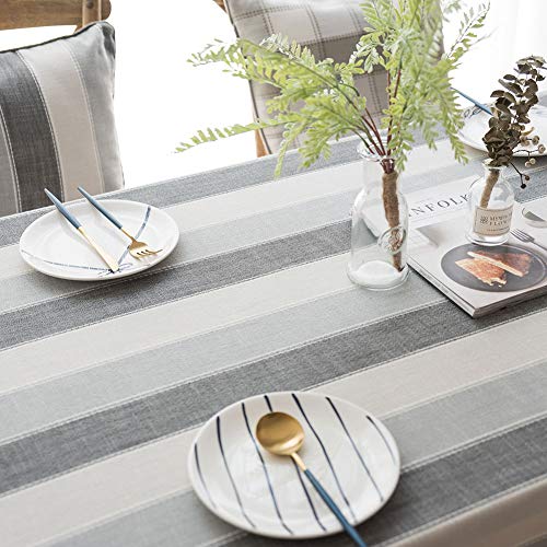 Deep Dream Tablecloths,Dyed Stripe Table Cloth,Cotton Linens Wrinkle Free Anti-Fading,Table Cover Decoration for Kitchen Dinning Party (Rectangle/Oblong, 55''x120'',10-12 Seats, White&Gray) - Thumbnail 4