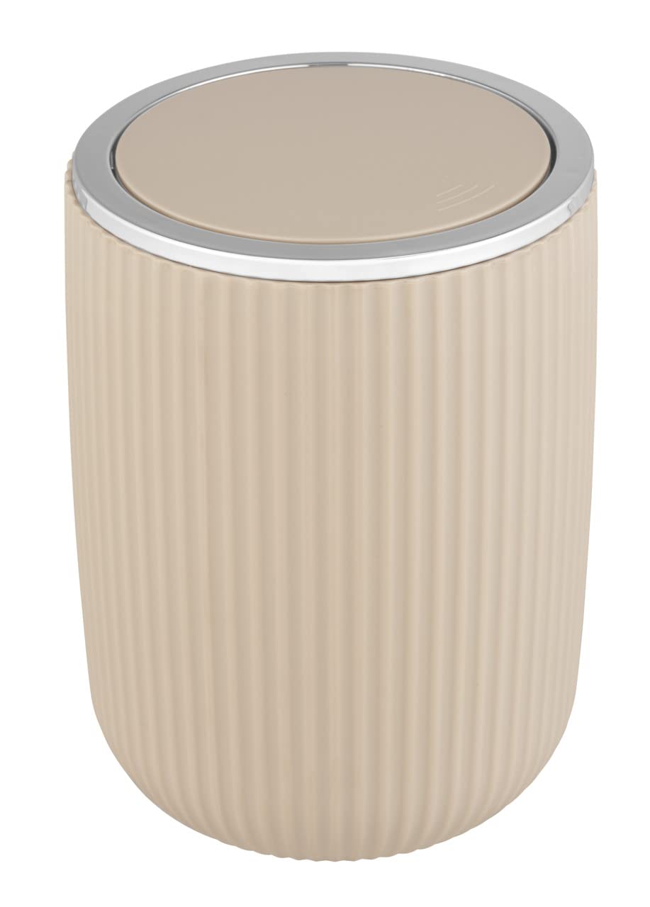 WENKO Agropoli S swing bin, beige, 2 litres, bathroom waste bin with lid, waste bin made of plastic with sculptural design and textured surface, Ø 14.5 x 20 cm