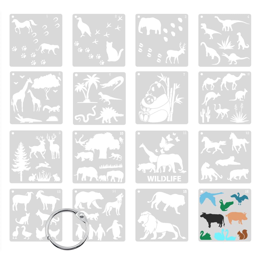 ONEBO 16 Sheets Reusable Plastic Stencil,Animals Painting Stencils,Craft Drawing Template,for Greeting, Card,Scrapbook,Wall Art,DIY Art Creation(Milky White)