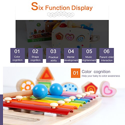image for bodolo 3 in 1 Wooden Educational Set Pounding Bench Toys with Slide Ou
