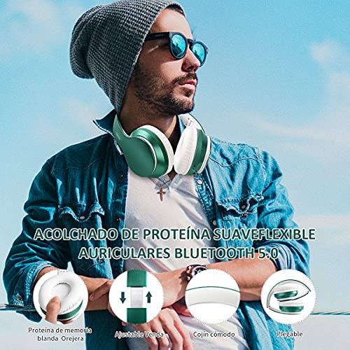 Ifecco Bluetooth Estéreo Auriculares Música sobre-oído Sonido de Alta fidelidad, Bluetooth Banda para la Cabeza Plegable con micrófono y Cable de Audio para Apple iPhone, PC (Jade Verde)