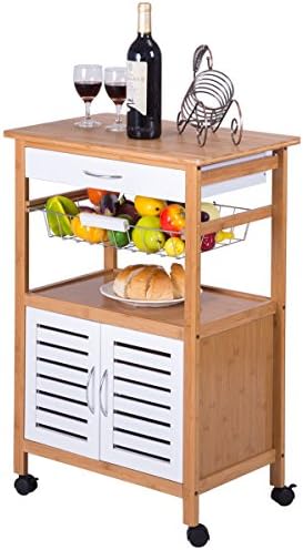 Bamboo Rolling Kitchen Trolley Cart Island Storage Cabinet w/Drawer&amp;Basket New