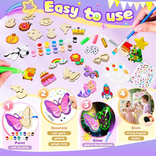 CGBOOM Kids Painting Set, 32 Pieces Kids Craft Set, Luminescence Fridge Magnets for Painting and Crafts, Wooden Magnets for Painting, Gift for Girls and Boys