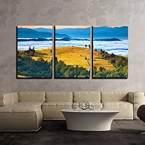 3 Piece Canvas Wall Art - Digital Artwork in Watercolor Painting Style. Rural Landscape Against The Foggy Mountains - Modern Home Art Stretched and Framed Ready to Hang - 16"x24"x3 Panels