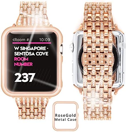 Ezzdo Apple Watch Diamond Band 40mm/44mm Series 5/4, Rhinestone Luxury Diamond Stainless Steel Replacement Bands with Case for Apple Watch 40mm 38mm Series 1/2/3 (Diamond Rosegold, 42 mm)