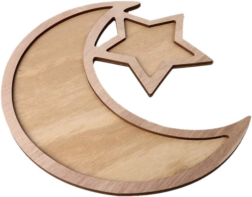 ZHENXI Rustic Wooden Crescent Moon Srar Eid Ramadan Party Food Serving Tableware Dessert Pastry Tray Display Holder Decor Ornament