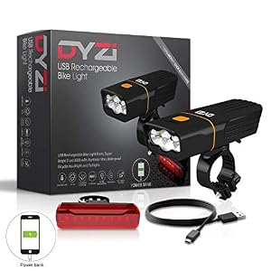 Dyzi USB Rechargeable Bike Lights Set -Waterproof Front Headlight – Water Resistant Tail Light Easy to Fit & Mount…