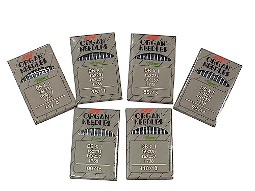 60 PCS Organ Industrial Single Needle DBX1 in Assorted Sizes 9,11,13,14,16,18 Japan Organ Sewing Machine Needles Compatible with/Replacement for JUKI Brand DDL Model and Much More